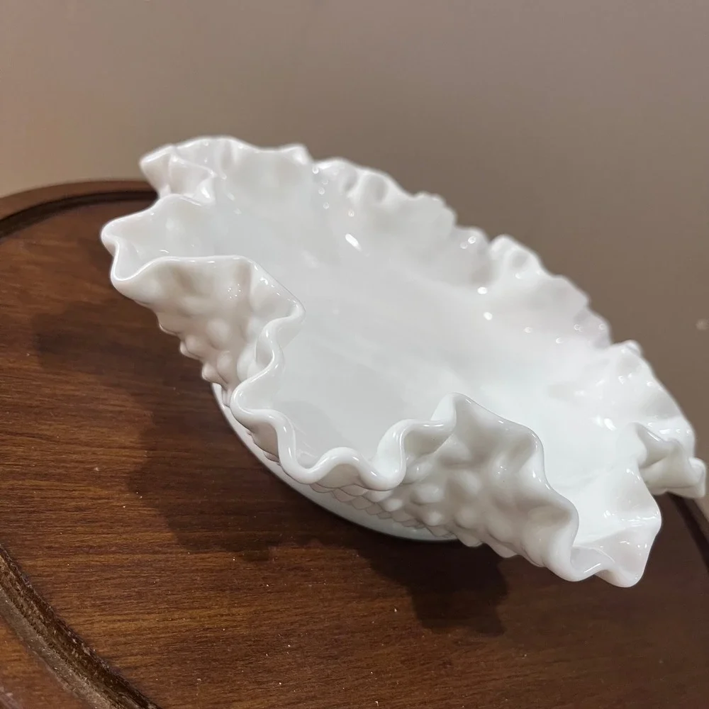 Vtg Fenton Hobnail Milk Glass Ruffled Edge Bowl White 8 Inch Candy Dish